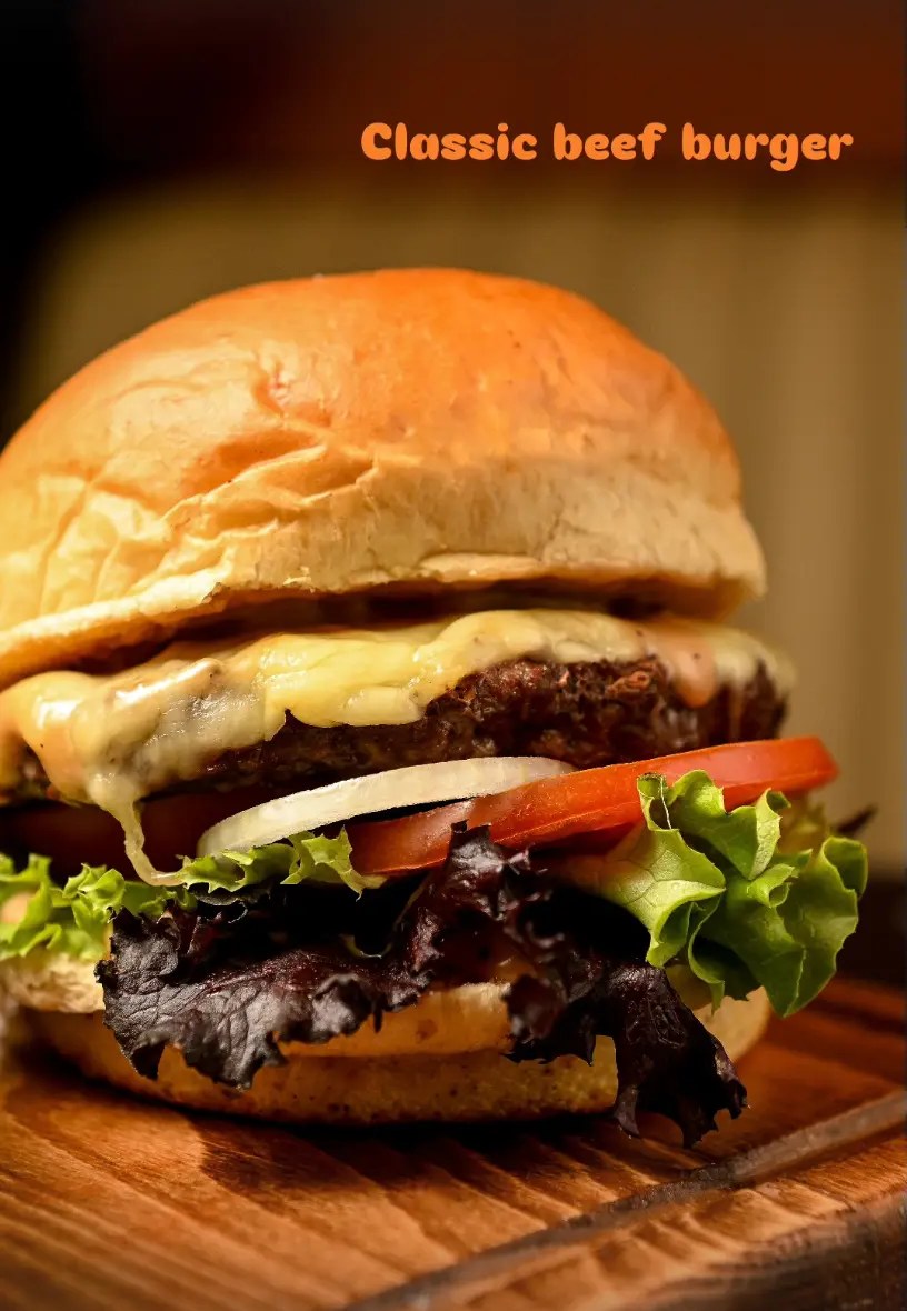 Classic beef burger on a wooden board